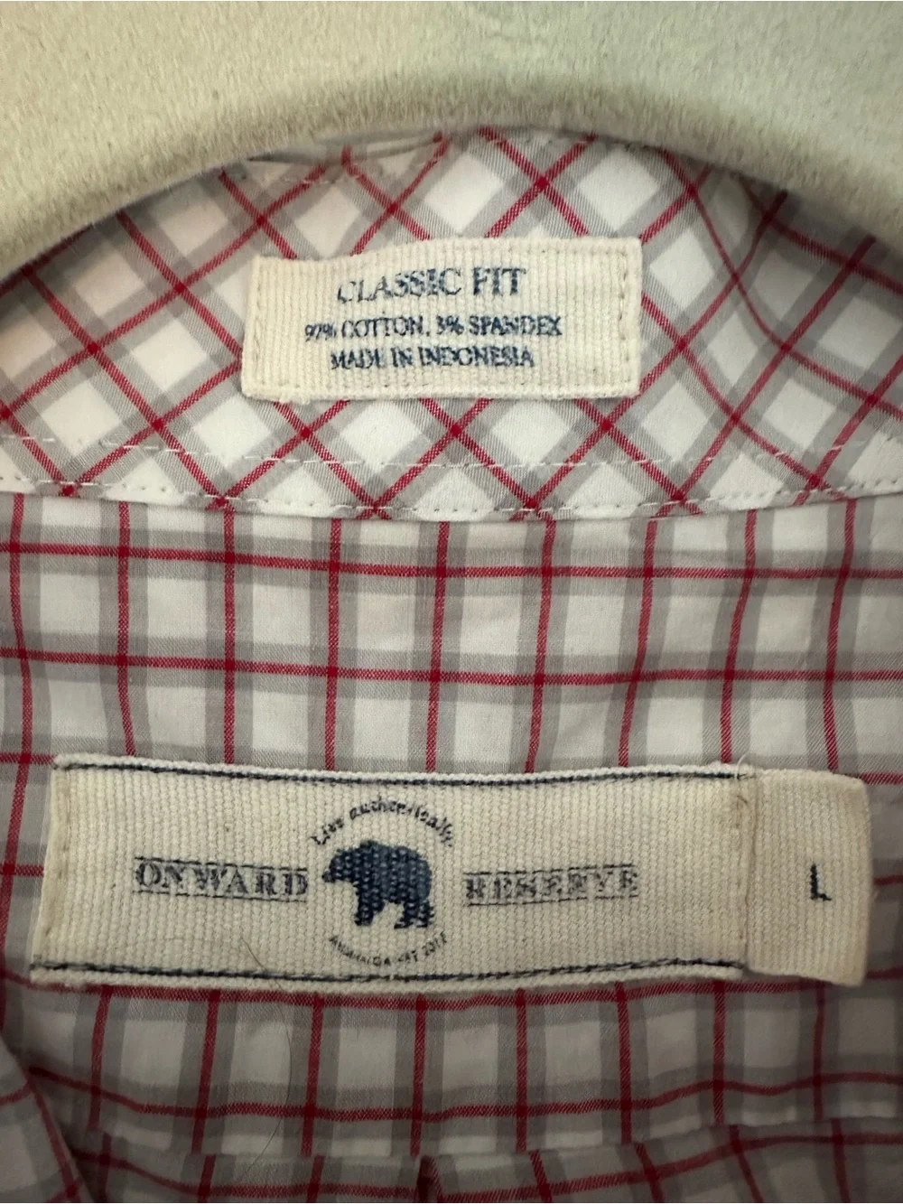Men’s Large‎ Onward Reserve Classic Fit White, Red, and Gray Button Down Shirt